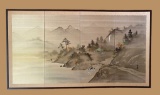 Four Panel Hand-Painted Japanese Screen.  River