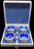 Set/4 Silverplate Salt Cellars w/Cobalt Blue