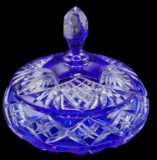 Cobalt Cut to Clear Round Covered Candy Dish--7