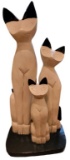 Hand-Carved and Hand-Painted Wooden Triple Cat