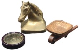 (3) Decorative Items: Brass Horse Bookend,