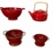 Red Metal Teapot & Assorted Colanders
