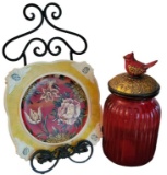 Decorative Plate w/Stand & Red Glass Cannister