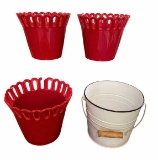 (3) Red Ceramic Planters, (1) Metal Pale with Bale