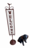 Metal Welcome Sign & Dog Figurine