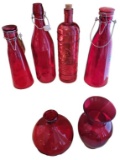 (2) Red Glass Vases & (4) Bottles
