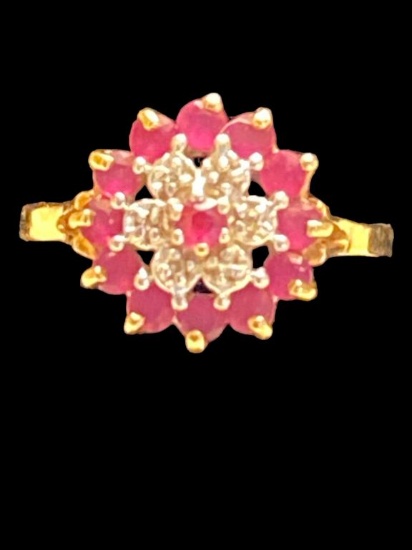 10 Kt Yellow Gold Ruby and Diamond Dome Ring--2.8