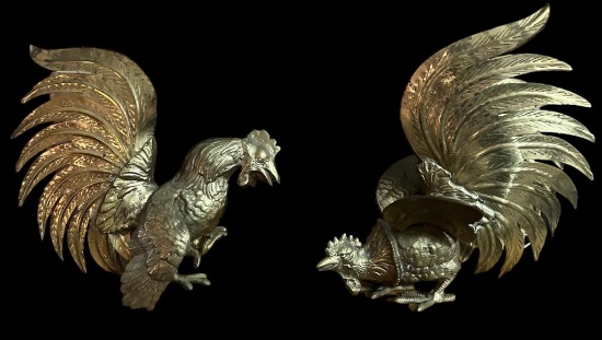 Antique Italian Brass Roosters—9” To Tallest