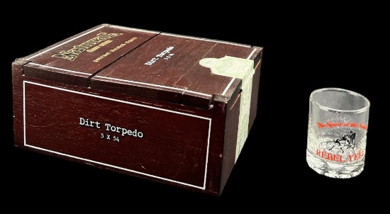 Vintage Wooden Cigar Box and Rebel Yell Shot Glass
