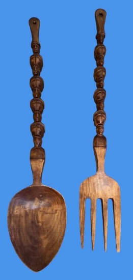 Tiki Style Carved Wooden Fork and Spoon Wall