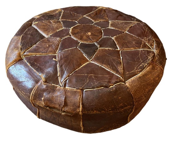 Vintage Leather Ottoman—Damaged; 21.25” Diameter