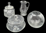 Vintage German Etched Glass Items: Covered Cake