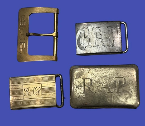 (4) Vintage Belt Buckles Engraved “RAP”, (2) G