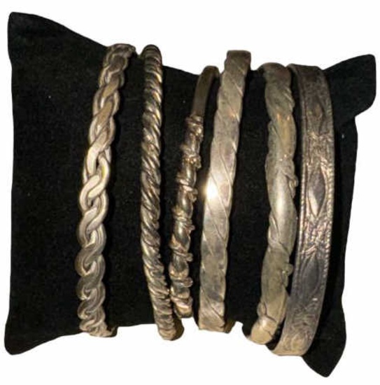 (6) Unmarked Silver Bangle Bracelets--104 Grams