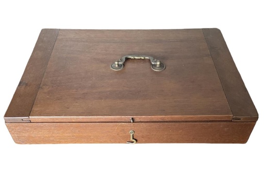 Wooden Hinged Document Box. Handle Marked K29