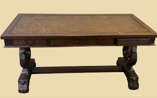 Lyre-Base 3-Drawer Desk with Leather Insert Top--60" x 29 3/4"  (2) Pulls Damaged