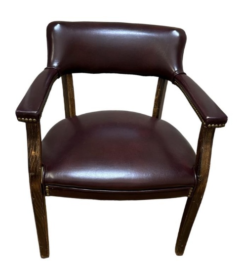 Leather & Wood Arm Chair with Brass Tacks