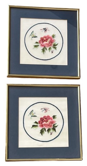 Framed and Matted Pair of Matching Silk