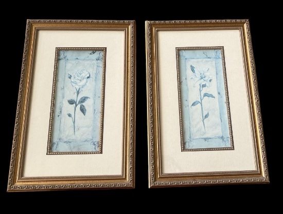 (2) Framed and Matted Floral Prints—12” x 18”