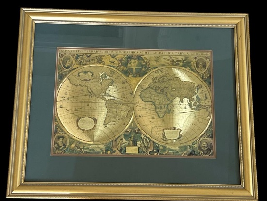 Vintage Gold Foil Framed Wall Map—31 1/2" x 25