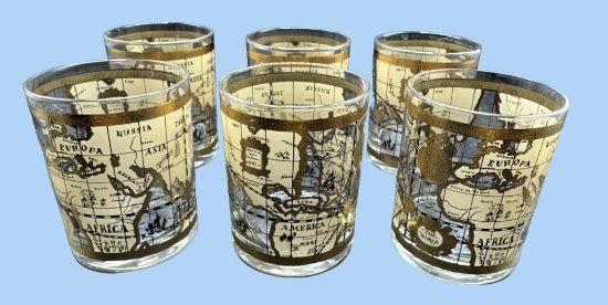 Set of (6) Cera Old World Map Drinking Glasses--