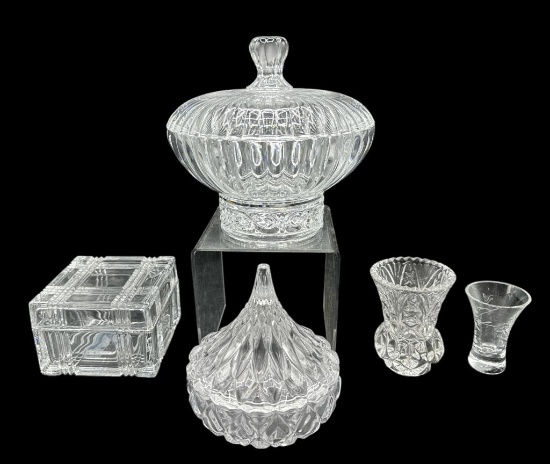 Assorted Glass Items: Covered Footed Dish 7” D,