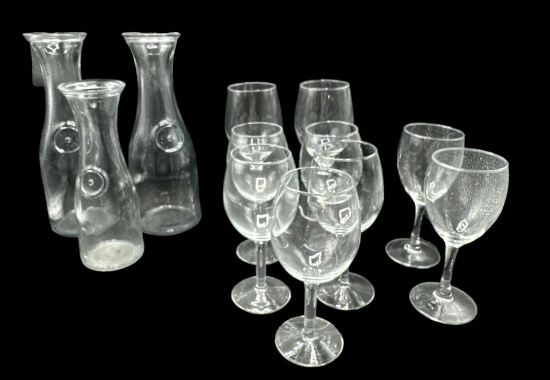 Assorted Glasses and Decanters: (2) Full Liter