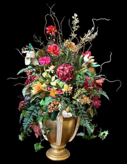 Silk Flower Arrangement in Gold Vase--Vase is