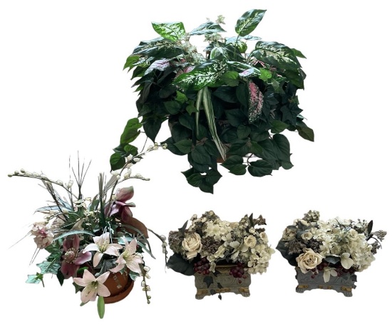 (3) Resin Pots With Artificial Greenery/