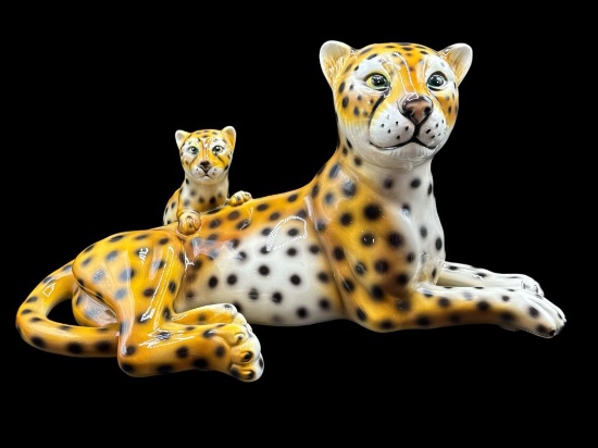 Large Porcelain Hand-Painted Cheetah and Cub