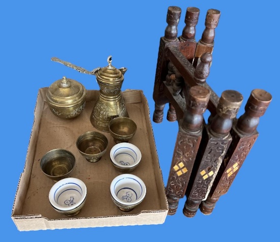 Ornate Stand For Brass Tray (Damaged) & Turkish Coffee Set (Missing Some Pieces)