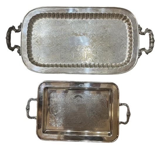 (2) Silver Plate Footed 2-Handle Rectangular