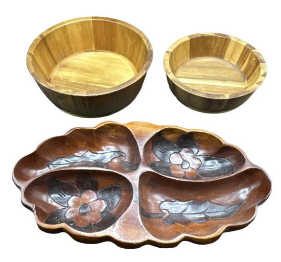 (3) Wooden Serving Pieces:  (2) Round Bowls--