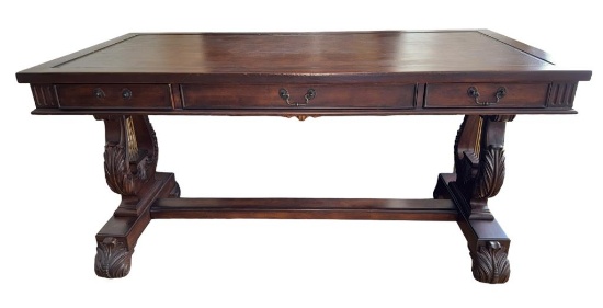 Lyre Base 3- Drawer Desk with Leather Inset Top--