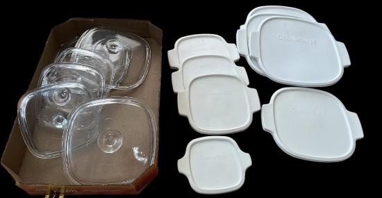 (6) Corning Ware Glass Lids and (8) Plastic Lids
