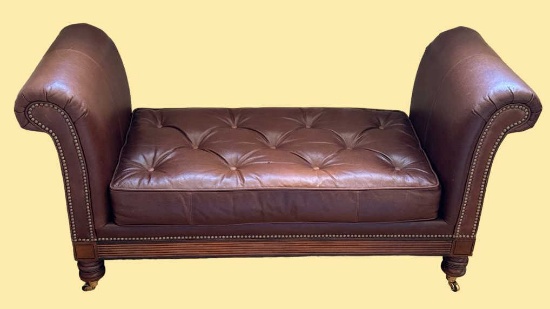 Leather Rolled Arm Bench with Tufted Seat, Brass