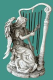 Resin Angel Playing a Harp Statue - 20”, 33” H