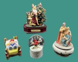 (3) Christmas Musical Figurines and (1) Snow