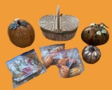 Assorted Thanksgiving Decor—Basket, Pumpkins, Etc.