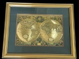 Vintage Gold Foil Framed Wall Map—31 1/2