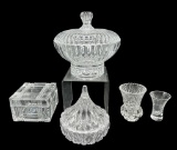 Assorted Glass Items: Covered Footed Dish 7” D,