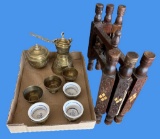 Ornate Stand For Brass Tray (Damaged) & Turkish Coffee Set (Missing Some Pieces)