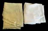 (2) Tablecloths: 90” White Round, Green Oblong