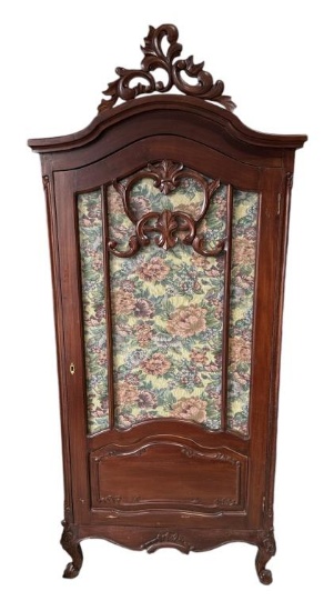 Mahogany Glass Front One Door Armoire—Carved and