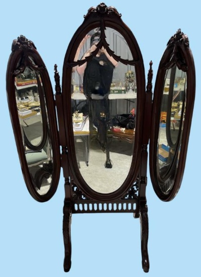 Ornate Oval 3-Part Cheval Beveled  Mirror