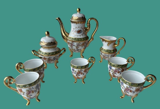 Hand-painted and Enameled Porcelain Tea Set for