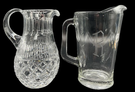 (2) Pitchers—(1) Crystal & (1) Glass Engraved “R”