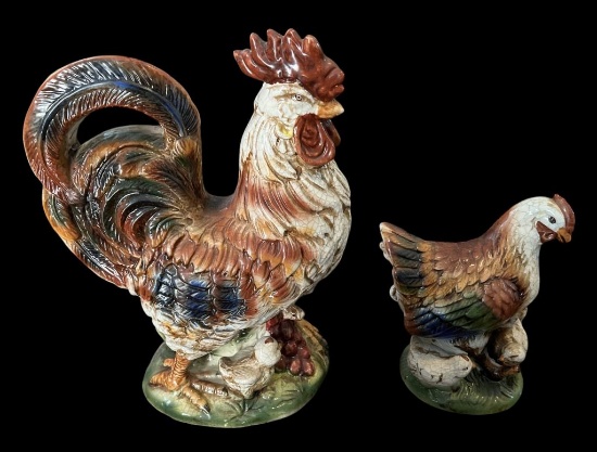 Ceramic Rooster Figurine and Ceramic Hen Figurine