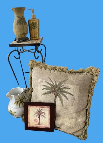 Palm Tree Decor—Plant Stand, Pillow, Etc