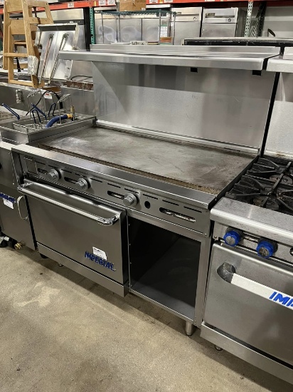 Imperial 48” Gas Griddle w/Oven Below, Storage & Overshelf